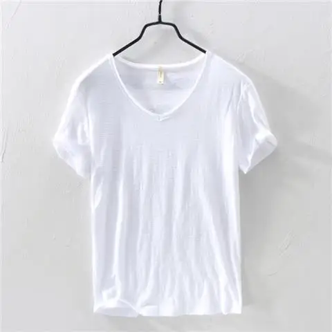 2023 Summer New 100% Cotton White T-shirt Male V-neck Solid Color Casual T Shirt Basic Tees Plus Size 3XL Short Sleeve Tops