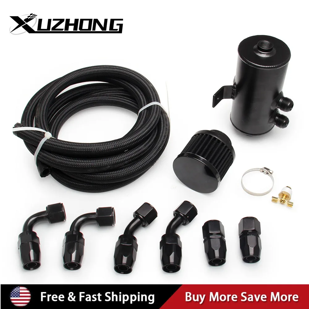 Universal Racing Baffled Aluminum Oil Catch Can 2-Port Reservoir with Drain Valve Breather Cylinder Filter Braided tubing Kit
