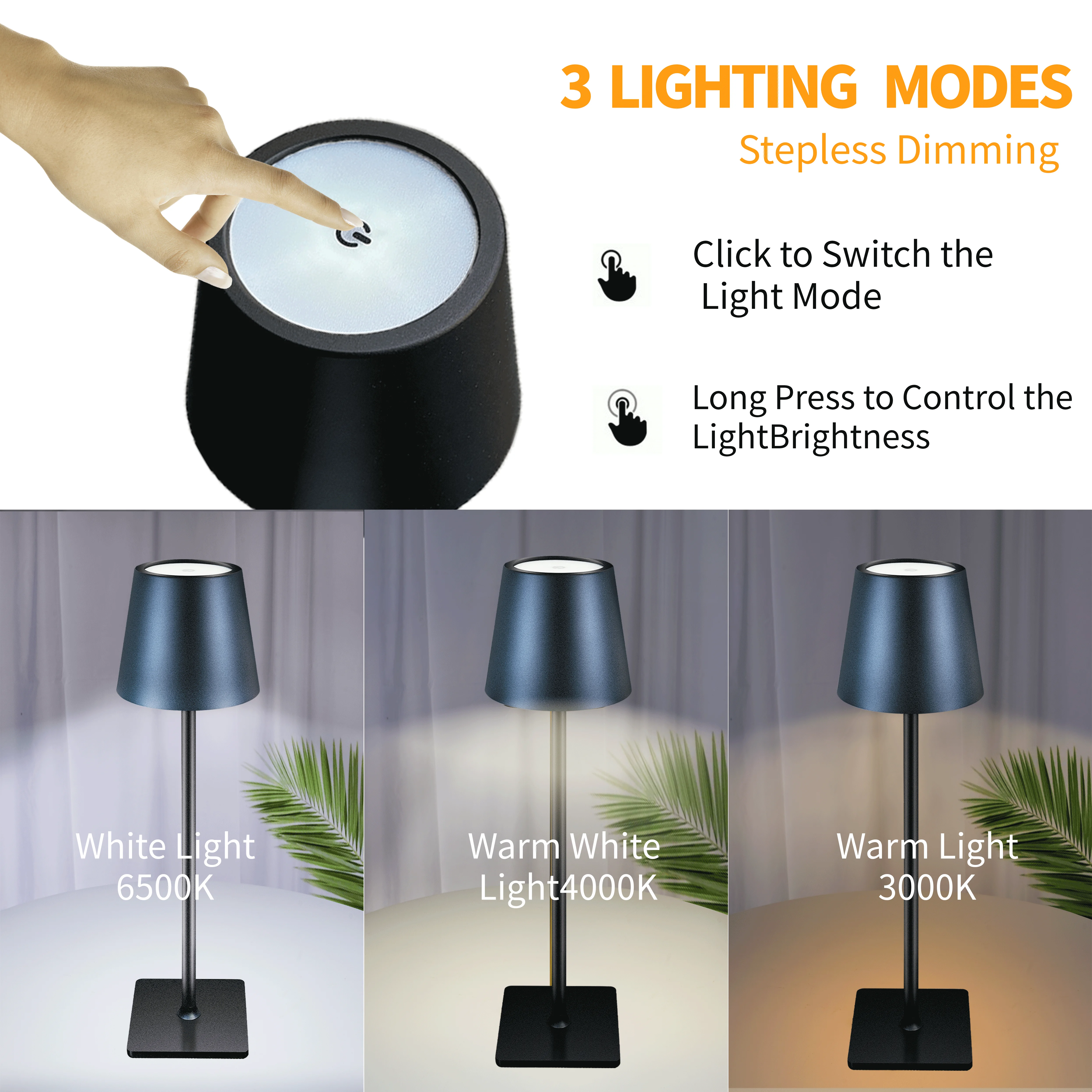 LED Table Lamp Wireless Portable Touch Lamp Rechargeable 5000mAh Battery Operated Table Lamps Cordless 3 Colors Stepless Dimming