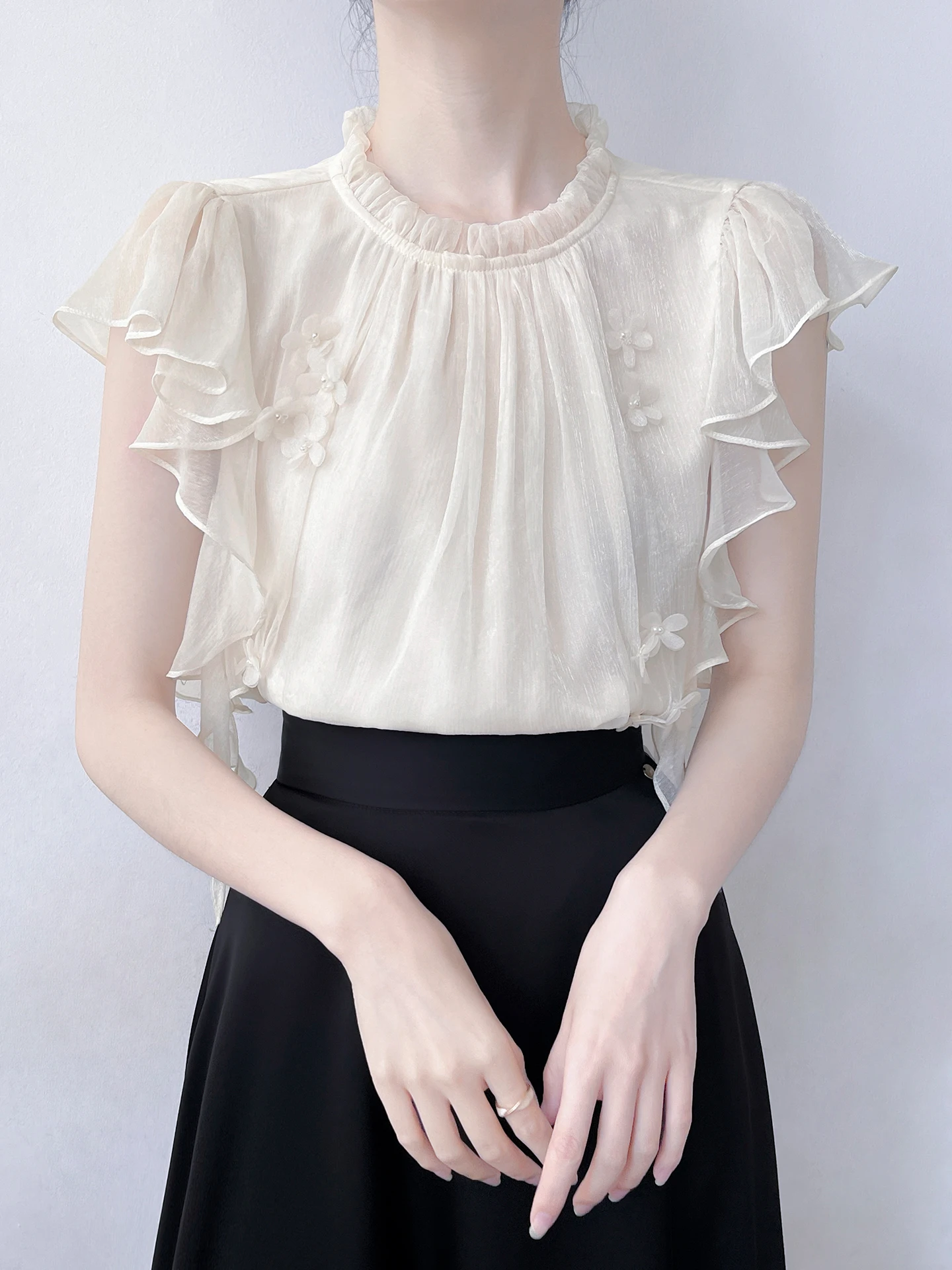 Sweet Style Korean Design Irregular Hem Short Sleeve Women's Shirt Summer New Fashion Chiffon Top with Lace Sleeves round Neck