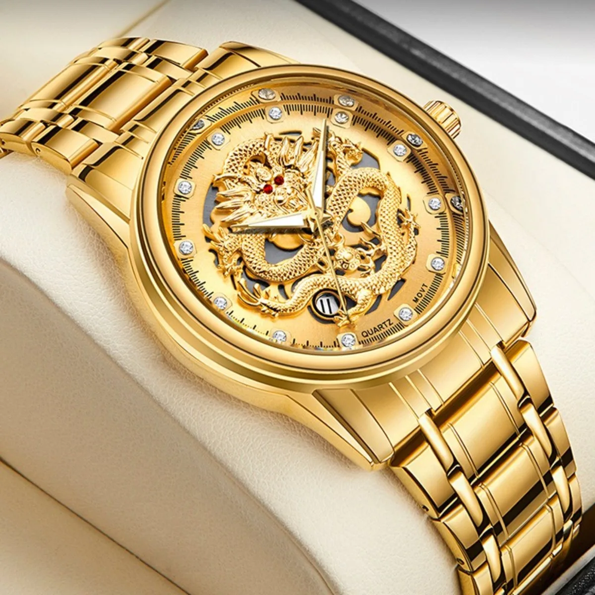 

Cool Gold Dragon Long WLISTH Business Men Analog Quartz Watch Fashion Stainless Steel Date Display Luminous Wristwatch Gift Box