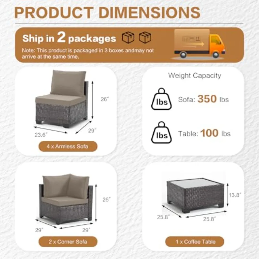 5 Pieces Outdoor Patio Furniture Set All-Weather Sectional Sofa Dark Brown PE Rattan Wicker Conversation Set with Glass Table a image 5
