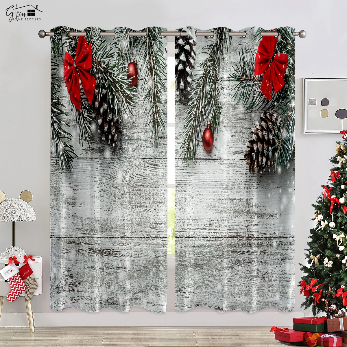 Christmas Ball Car Wood Cartoon Print Curtains Bedroom Living Room Restaurant New Year Holiday Party Decorative Curtains 2PCS