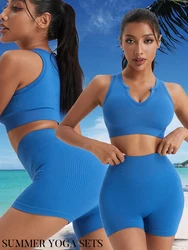 Fitness Seamless Short Sets Woman Skinny Stretch Sexy Gym Shorts Summer Sets Compression Corset Top