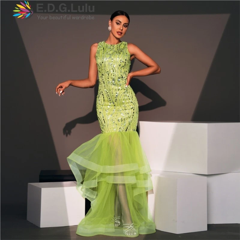 

EDGLuLu Sleeveless Green Party Dress Women Elegant Luxury High Quality Sequin Patchwork Mesh Ruffled Long Evening Dress 0623