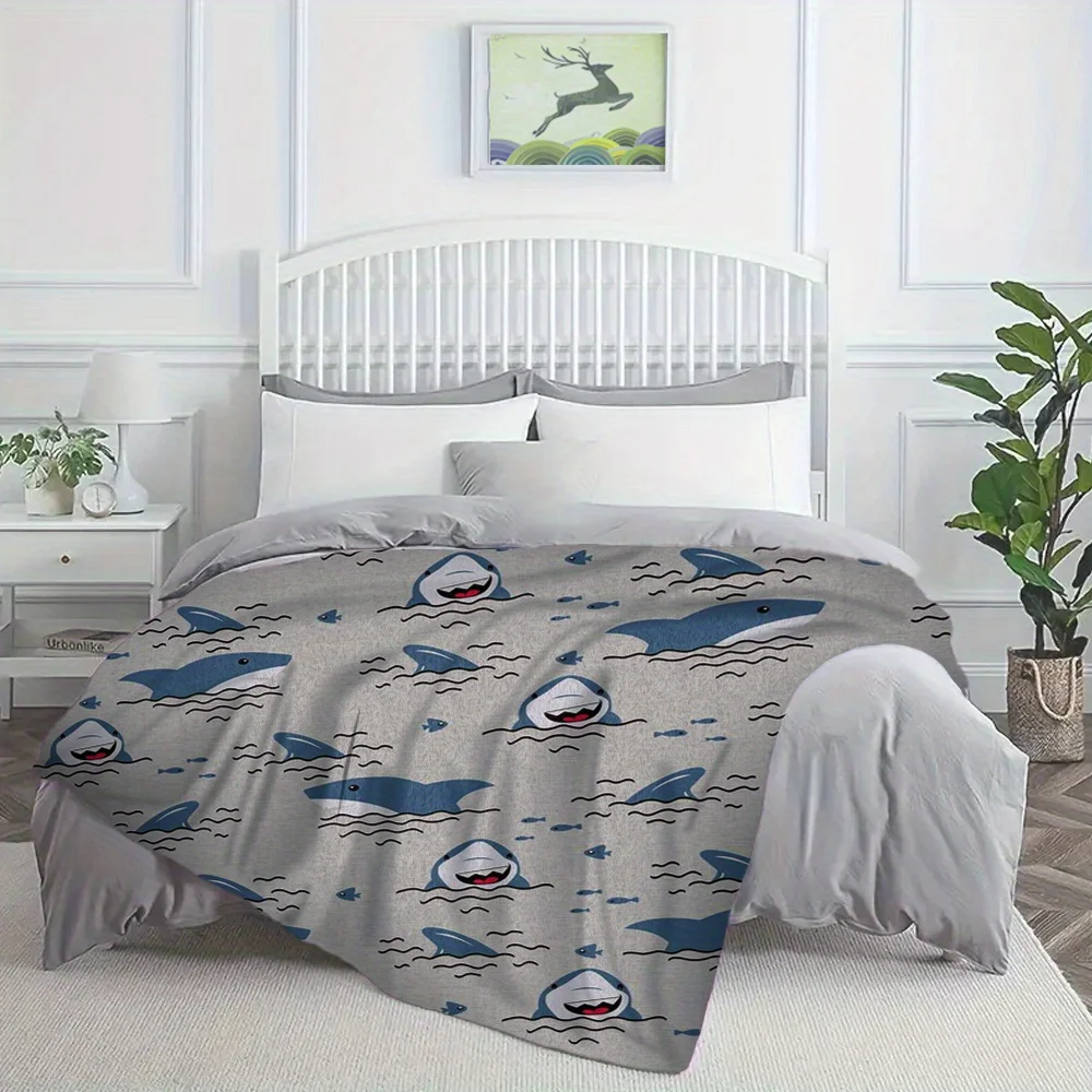 A Gray Shark Cartoon Patterned Flannel Blanket, a Warm And Comfortable Gift for Relatives And Friends, Soft to The Touch, Suitable for Use on Sofas, Beds, in The Office, And for Outdoor Travel