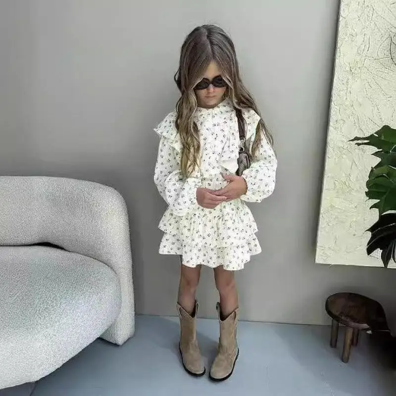 2026 Autumn New Children Long Sleeve Clothes Set Girls Floral Lace Shirts + Tiered Skirt 2 Pcs Suit Kids Sweet Casual Outfits