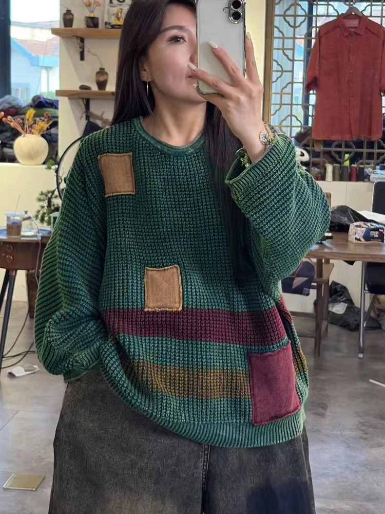 Amax LuluE Autumn Ladies Vintage Knitted Pullover Fashion Big Size Sweaters Womens Leisure Loose Patchwork Warm O Neck Jumpers