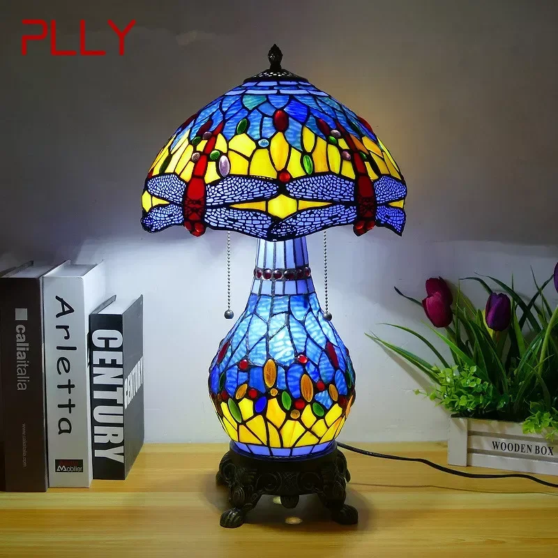 

Настольная лампа PLLY Tiffany, американская Ретро лампа для гостиной, спальни, роскошная настольная лампа из витражного стекла для виллы, отеля