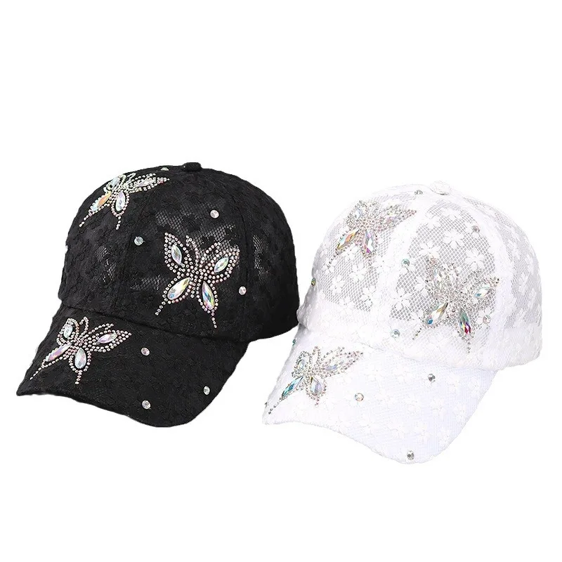 Summer Lace Flowers Baseball Caps for Women Butterfly Rhinestone Breathable Mesh Snapback Hat Hip Hop Hat Fashion Sun Hat Gorras