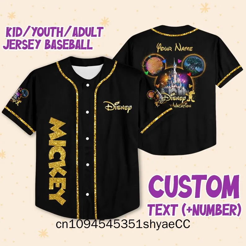 Personalize Mickey Gold Texture Custom Kids, Youth, Adult Disney Baseball Jersey Sports Outfits Cute Gifts For Fans Disney