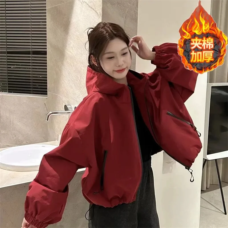 

Korean Women Fashion Long Sleeves Short Outwear Female Patchwork Windbreaker Coat Spring Autumn Ladies Solid Color Hooded Jacket