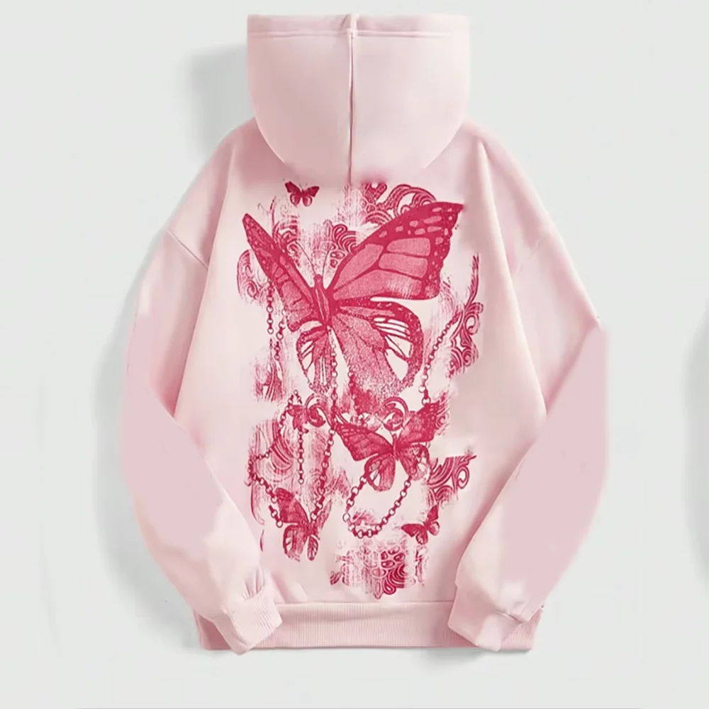 

Женская розовая толстовка с замысловатым графическим принтом бабочки, толстовка с капюшоном на шнурке, повседневная одежда в художественном стиле