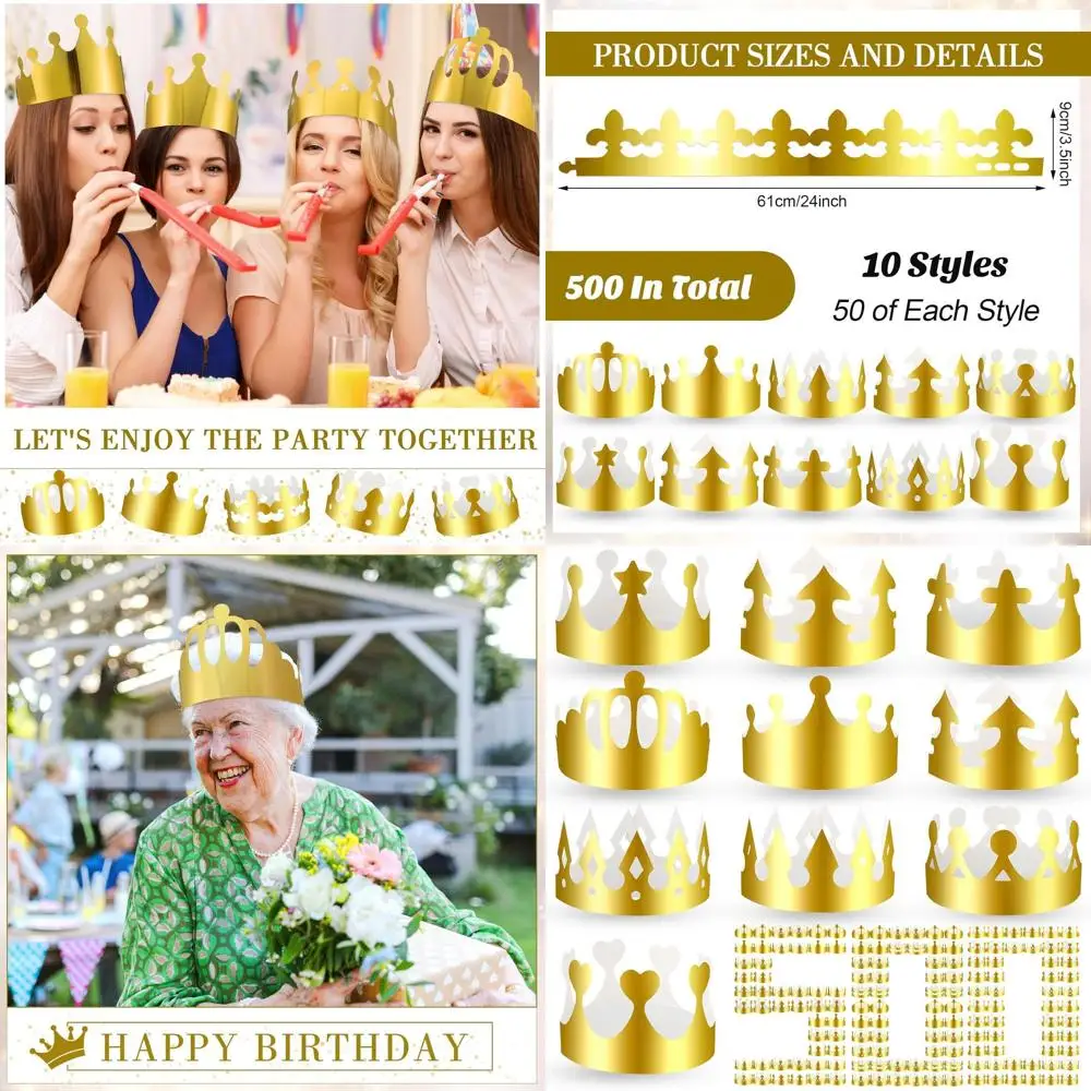 

500 Pcs Gold Paper Crowns for Birthdays, Parties, and Classroom - Assorted Styles