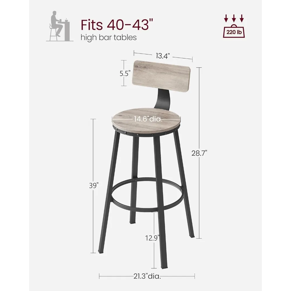 Bar Stools Set of 2, Bar Height Barstools with Back, Counter Stools Bar Chairs with Backrest, Steel Frame, Easy Assembly