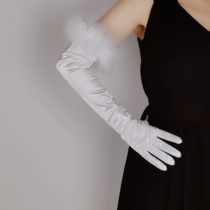 Women Cuff Feather Satin Spandex Elastic Long Full Finger Wedding Etiquette Dress Glove Makeup Party Perform Dance Mitten E43