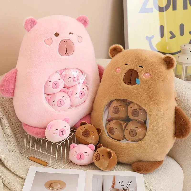 

Cartoon Capybara Pudding Bag Stuffed Brown Pink Cartoon Aquatic Animal Pillow 6 Small Balls Candy Bag Nap Cushion Plushie Gift