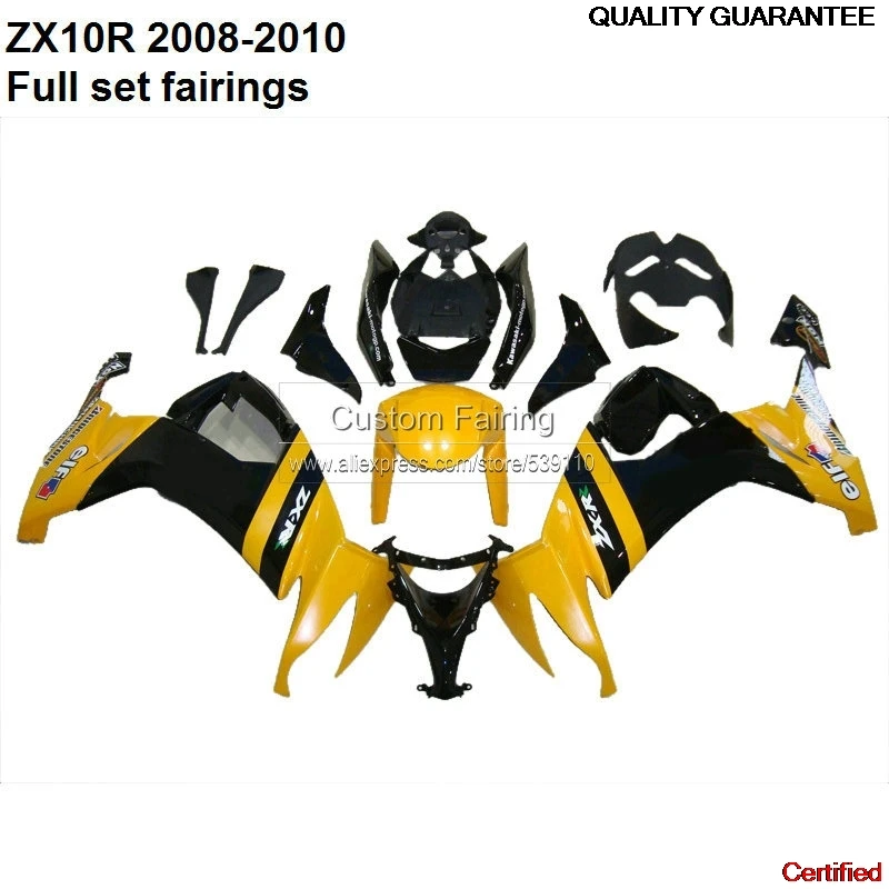 

Suitable For Kawasaki Ninja ZX10R 08 / 09 / 10 Yellow Fairing Kit 100% Fit Custom Fairings +windscreen Black Moto No.044