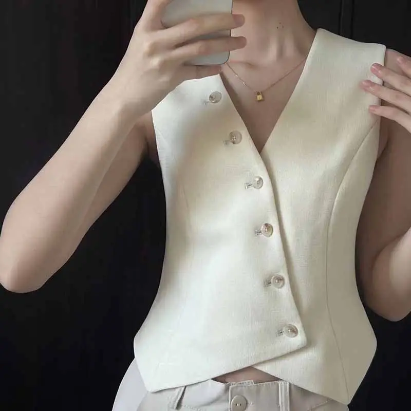 

Women's Models Fairy Summer Vest Pure Color Buttons V-neck Sleeveless Simple Leisure Comfortable Elements Harajuku Versatile