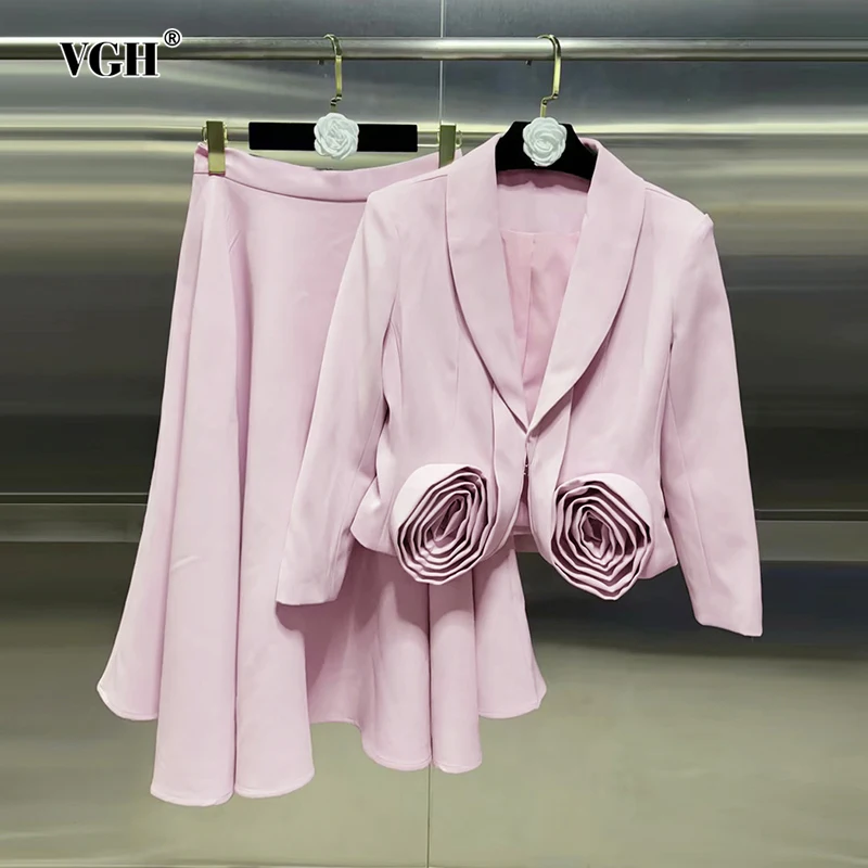 

VGH Solid Two Piece Sets For Women V Neck Long Sleeve Spliced Appliques Coats High Waist A Line Skirts Casual Set Female Style