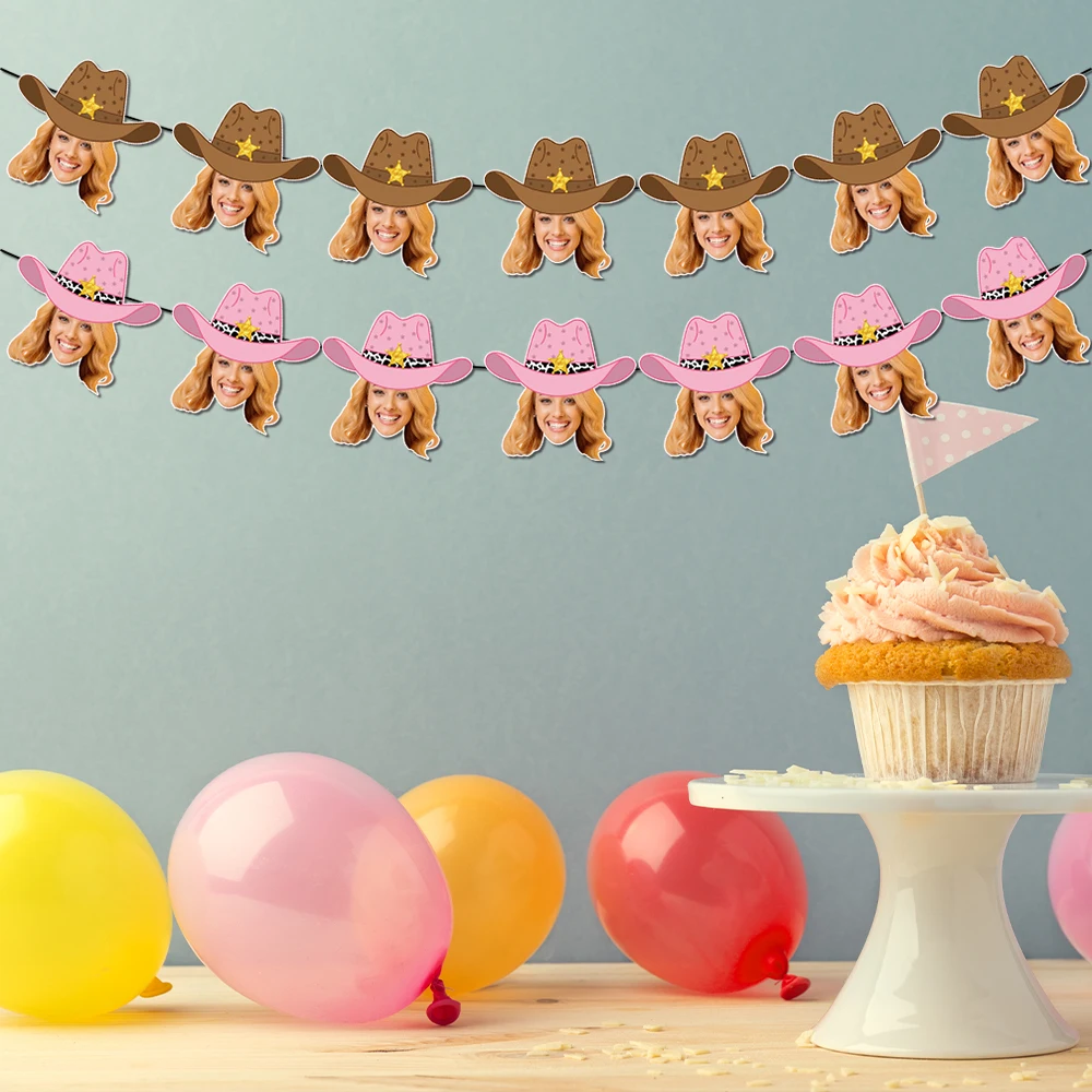 تخصيص شخصية صورة الوجه راعية البقر راية رعاة البقر كعكة توبر القش ملصق العازبة الكبار حفلة عيد ميلاد الديكور #4