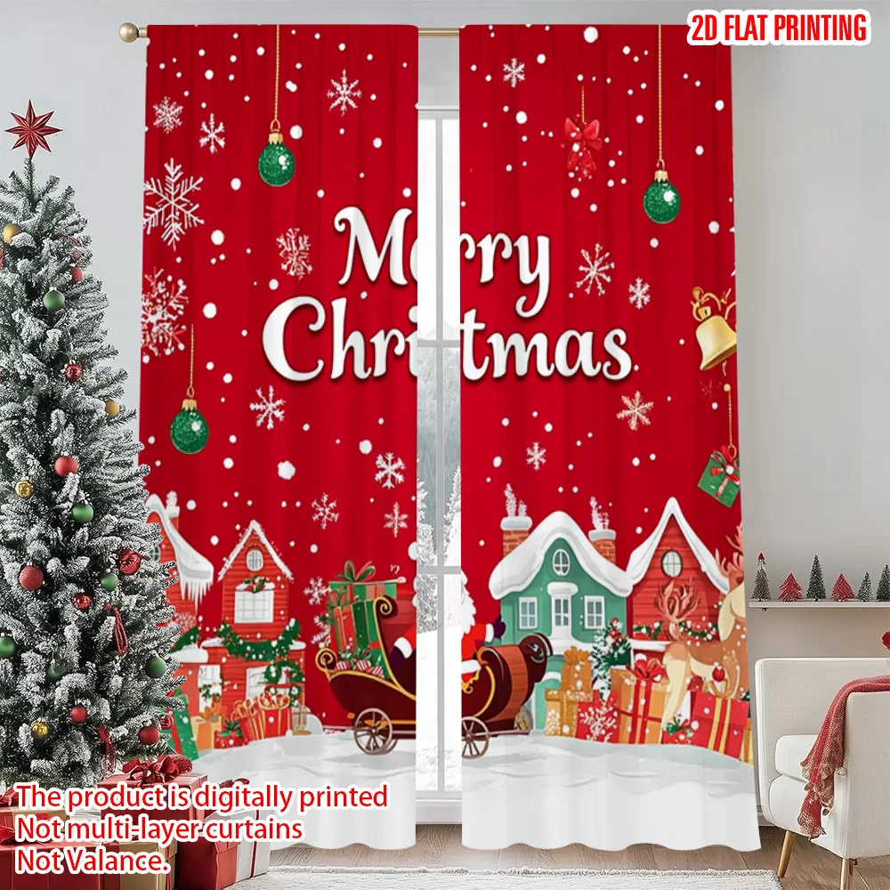 

2pcs 2D flat printing Merry Christmas Curtain Merry Christmas 0 Versatile 100% Polyester Without Electricity Festive Wall Decor