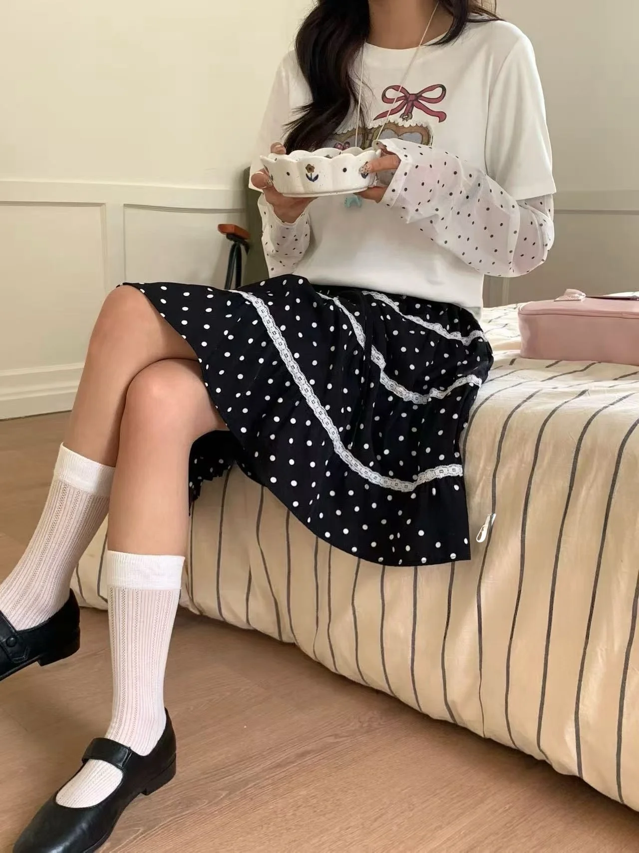 

Sweet Lace Polka Dot plus Size Skirt Spring Season A-Line Skirt for Plump Women Casual Wear Cute Sle Other Material