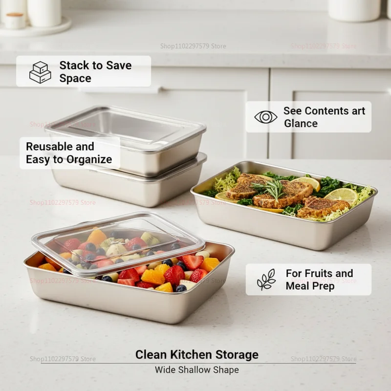 Plate Stainless Steel Food Container with Cover Thick Tray Fresh-keep Food Fruit Lid Sealed Storage Box Kitchen Fridge Organizer