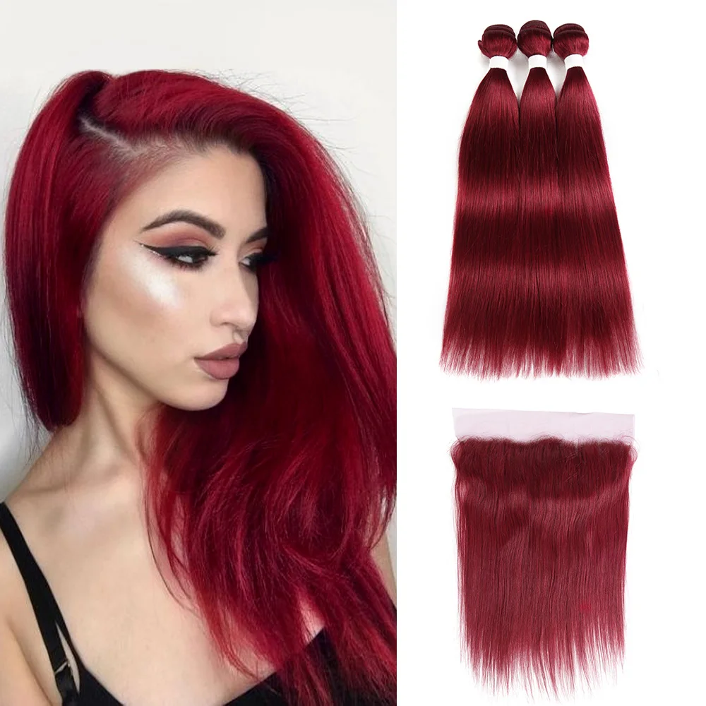 Straight Burgundy Red Color Bundles With Frontal 13x4 SOKU Brazilian Human Hair Weave Bundles With Closure 3/4PCS Remy Hair