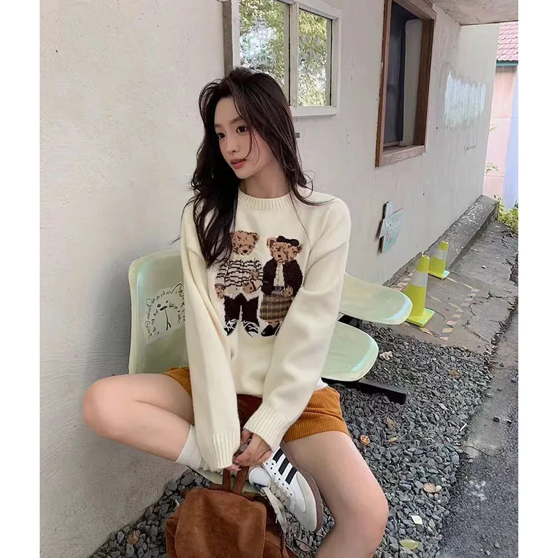 Spring Autumn Ladies New Atmosphere Cartoon Bear Soft Waxy Sweater Women Autumn Winter Comfortable Soft Cute Pullover Knit Top