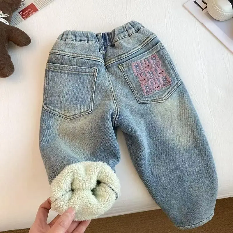 

1-7 Year Old Girls' Plush Jeans 2025 New Autumn/Winter Baby Elastic Waist Pocket Thickened Warm Pants Fashion Casual Trousers