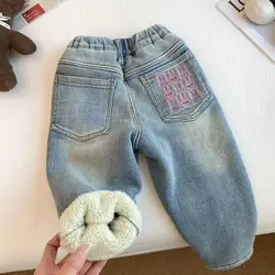 1-7 Year Old Girls' Plush Jeans 2025 New Autumn/Winter Baby Elastic Waist Pocket Thickened Warm Pants Fashion Casual Trousers