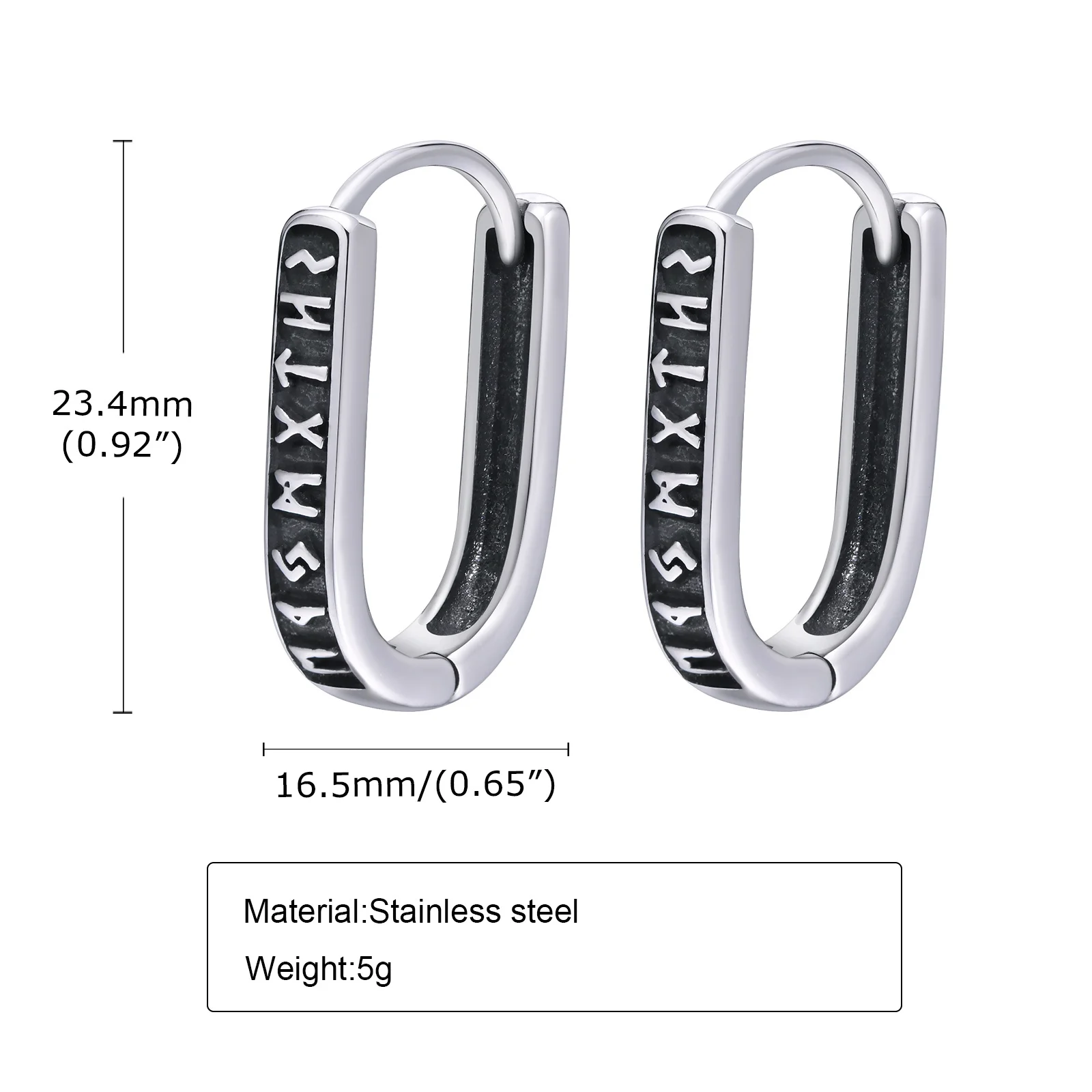 Vnox Viking Runes U Style Earrings for Men, Vintage Silver Color Stainless Steel Hoop Huggie Earrings,Gifts for Him Jewelry