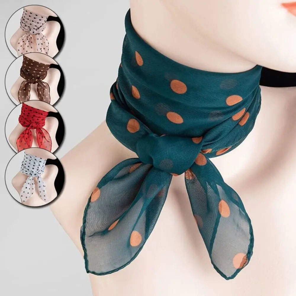 

Summer Polka Dot Print Artificial Silk Scarf Thin Neck Warp Women Neck Scarves Square Beach Sunscreen Chiffon Soft Shawl