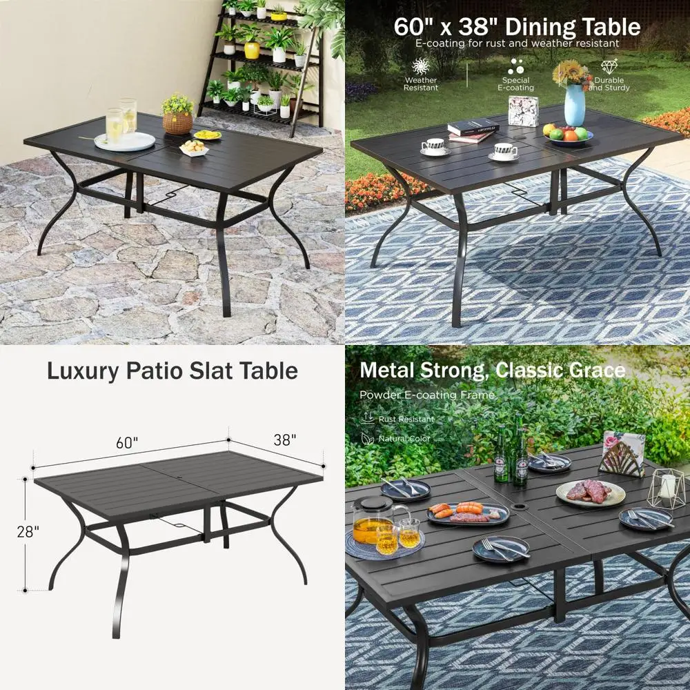 tavolo da pranzo rettangolare da esterno, grande 60" per 6-8 persone con foro per ombrellone, classico nero