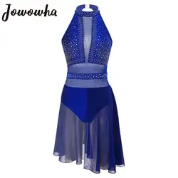 Womens Lyrical Dance Dress Leotard Ballet Gymnastics Figure Skating Performance Costume Sleeveless Shiny Rhinestone Dancewear