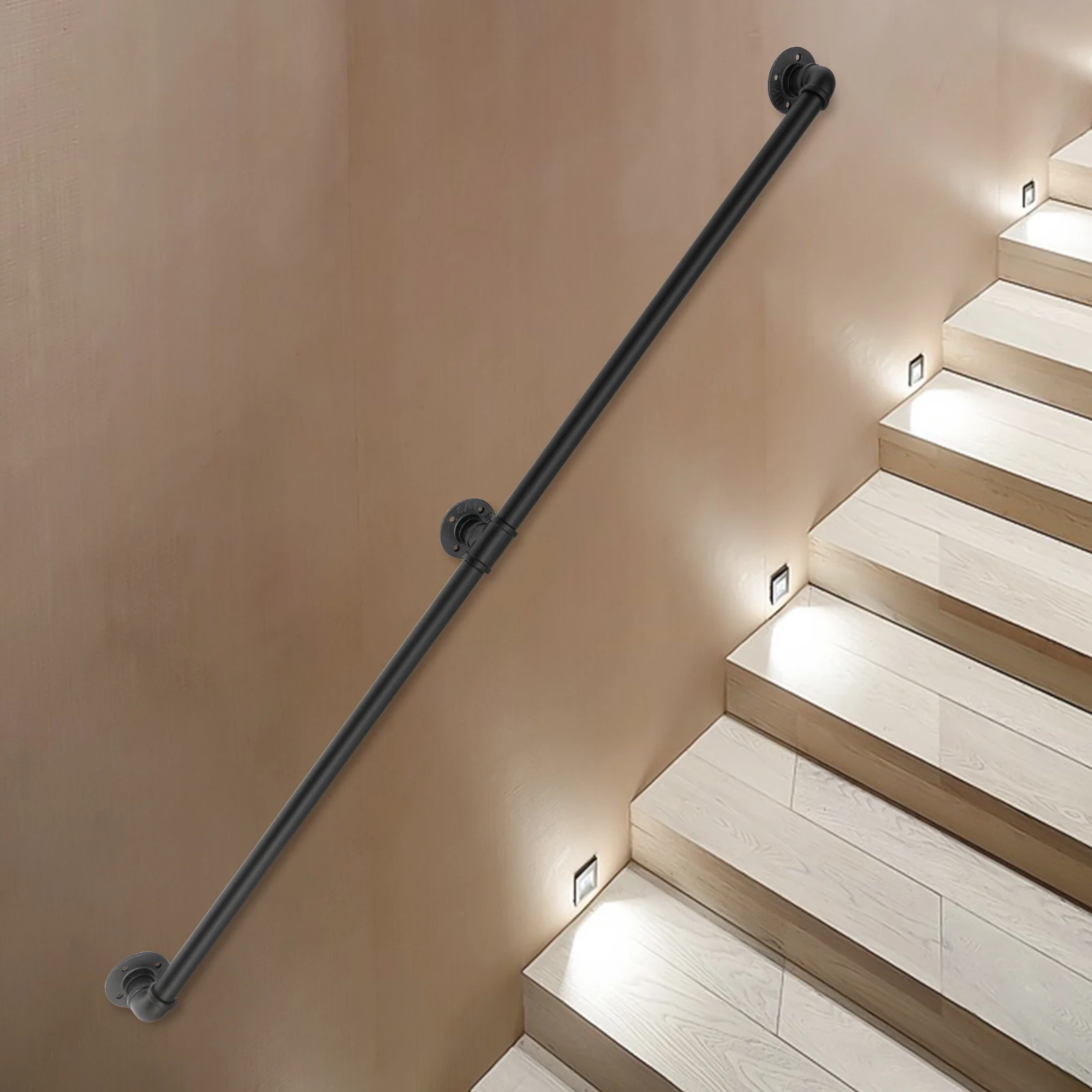 Corrimano per scale nero da 1,53 m, corrimano per kit di supporto per ringhiera con barra di sostegno a parete, corrimano per scale per interni ed esterni per carichi pesanti