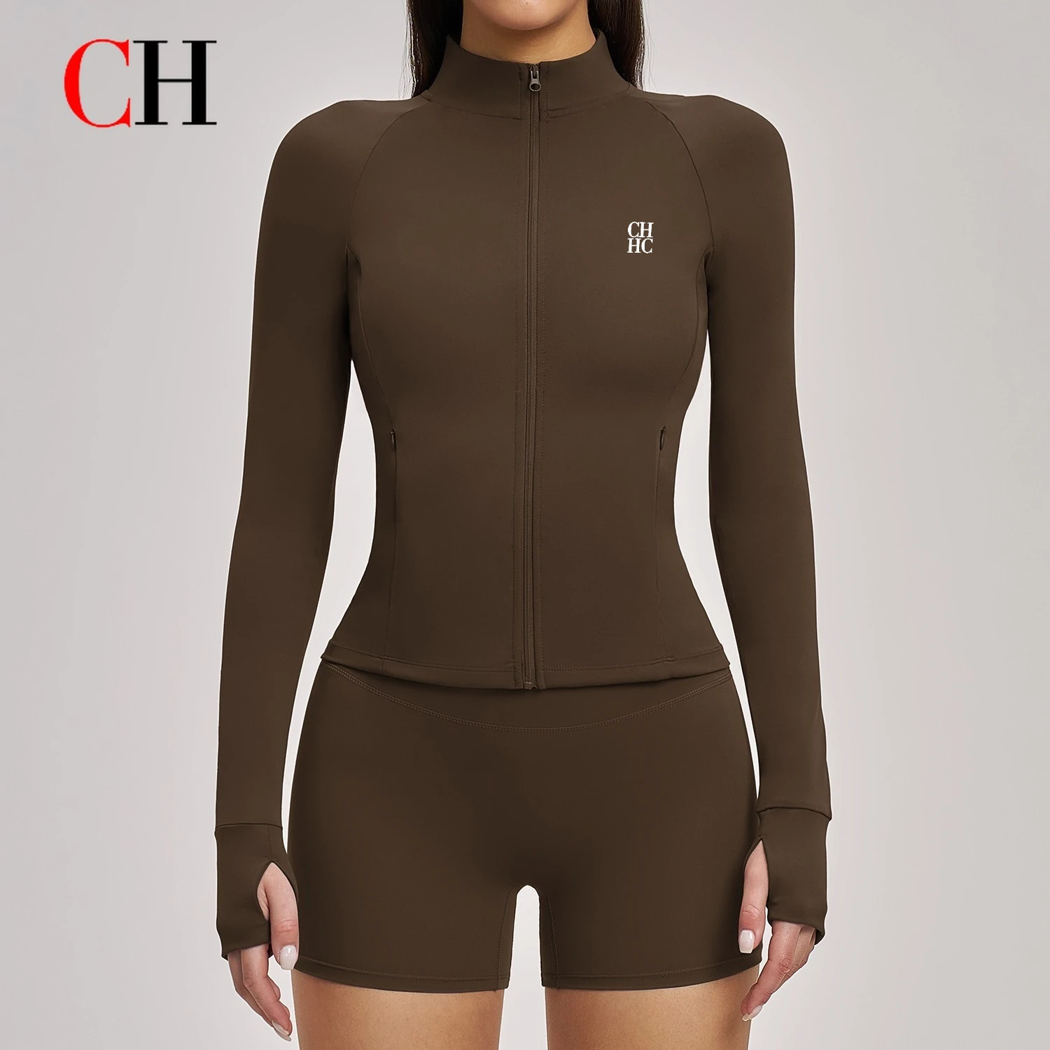 CH Brushed Yoga Jacket Long Sleeve Zip Up Pocket Slim Fit Top Outdoor Sports Running Fitness Wear Women