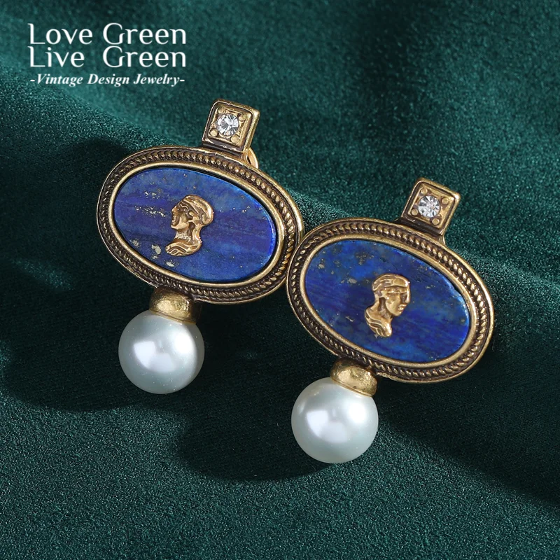 

Vintage Lapis Lazuli Head Oval Stud Earring For Woman Accessories Pearl Gold Color Luxury Jewelry Designers Brand Thanksgiving
