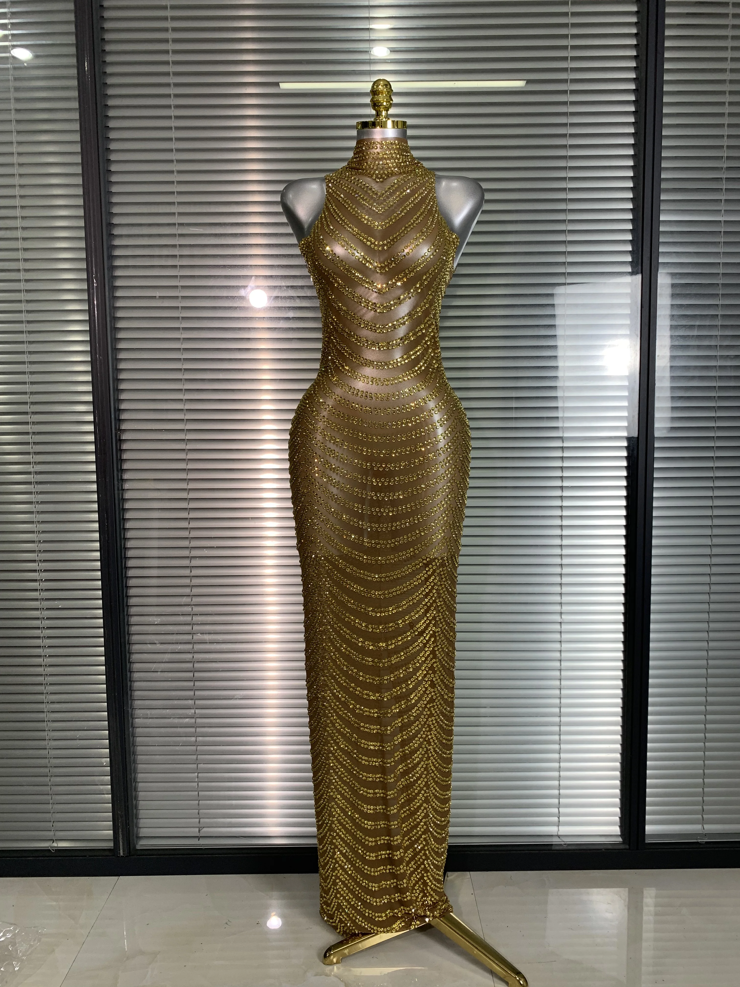 

Women Sexy Mesh Rhinestone Crystal Diamonds Gold Maxi Dress See Through Party Singer Stage Performance Costume