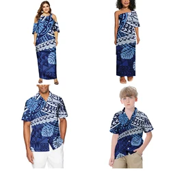 Summer Casual Tribal Print Aloha Hawaii Shirts For Boys Polynesian Floral 4pcs Family Outfit Custom Logo Samoa Girls Puletasi