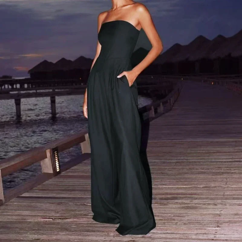 

Solid Backless Women's Jumpsuit Solid Off Shoulder Waist Cinching Pockets Wide Leg Pants Lady Bodysuit Summer Female Outwears