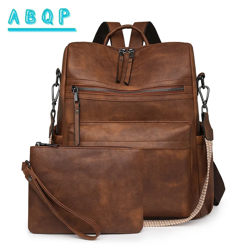 New Retro Backpack Ladies Large Capacity Backpacks Multi-functional Women's Student Schoolbag PU Material Solid Color