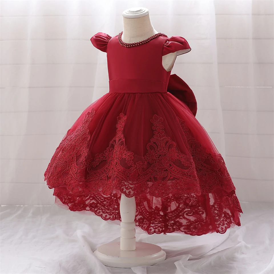 Embroidered Flower Baby Girl Beaded Floor Length Christening Cocktail Dresses One Year Old Newborn Infants Birthday Party Gowns