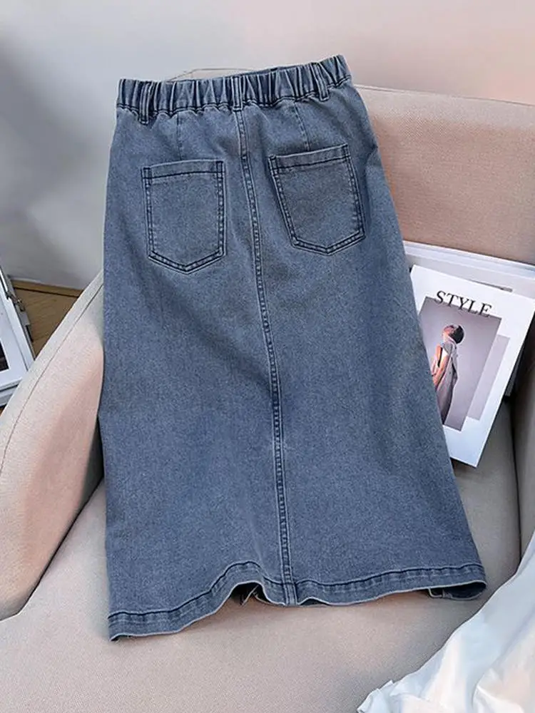 

Retro Denim Skirt Women Summer New Elastic High Waisted Split A-line Mid Length Jean Skirt Fashion Rivet Double Pocket Skirts