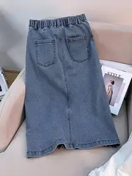 Retro Denim Skirt Women Summer New Elastic High Waisted Split A-line Mid Length Jean Skirt Fashion Rivet Double Pocket Skirts