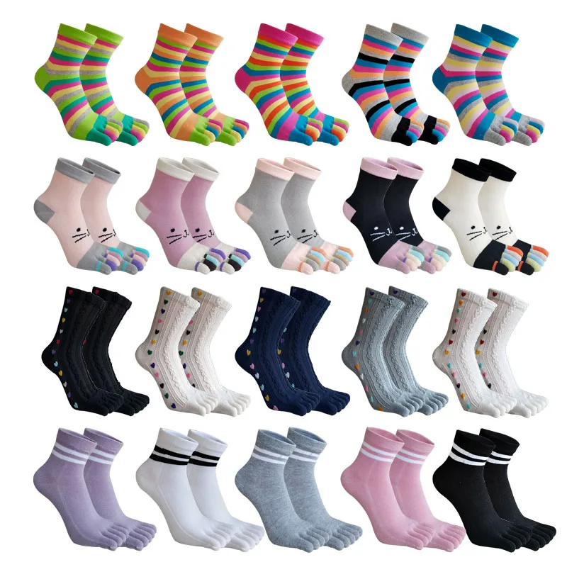 Cute Short Toe Socks Women Girl Cotton Striped Cat Love Fashion Sweat-Absorbing Anti-Bacterial Breathable Warm Five Finger Socks