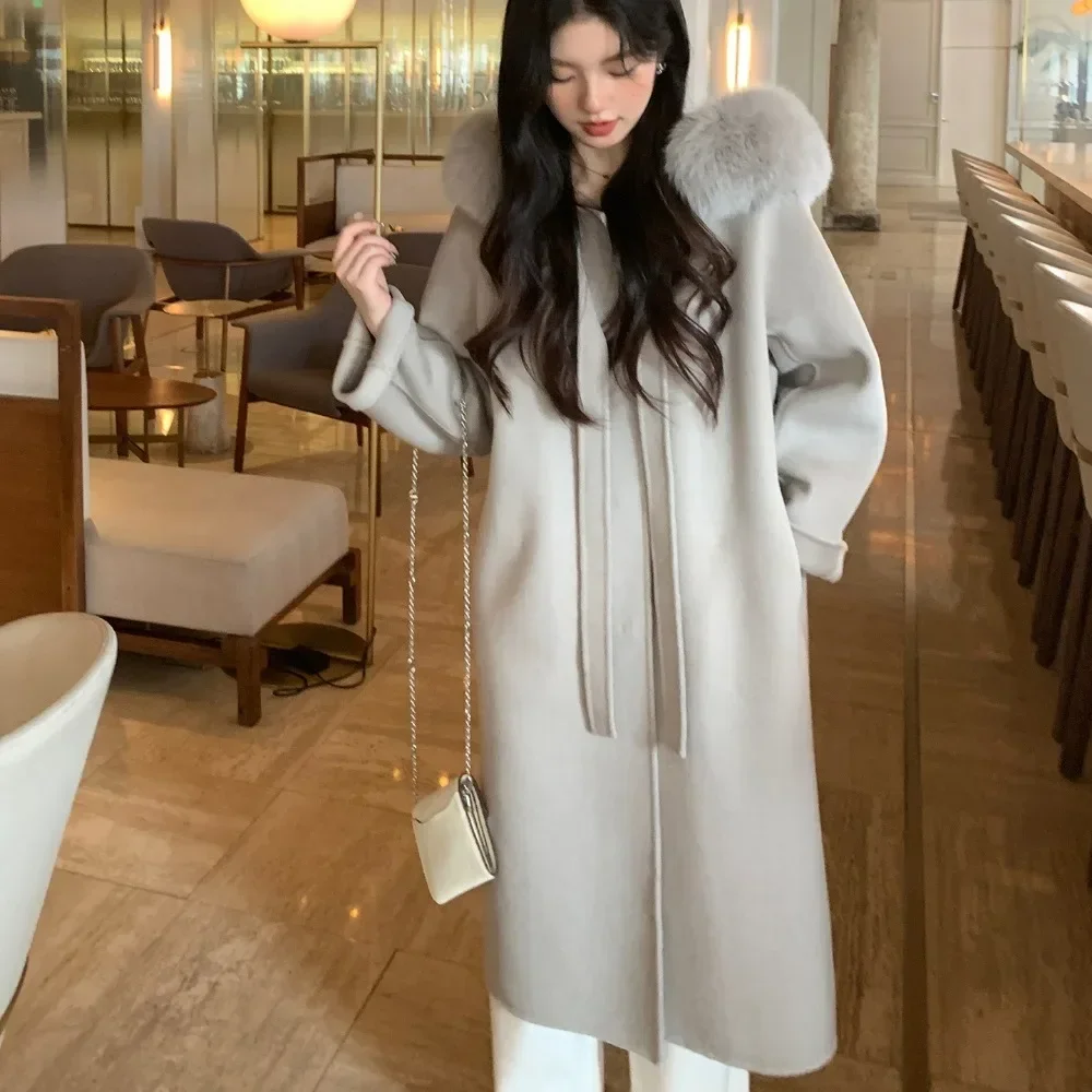 Long Loose Hooded Collar Tie Up Wool Coat 2024 New Autumn Winter Female Fashion  Double-side Woolen Real Fox Fur Jacket Women