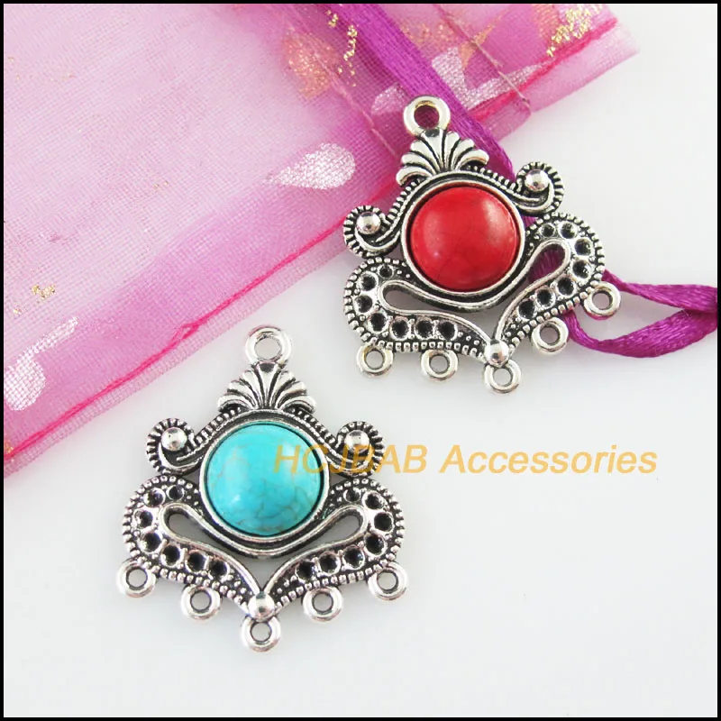 Fashion 6Pcs Retro Tibetan Silver Tone Flower Heart Blue&Red Stone Charms Connectors 26x31mm