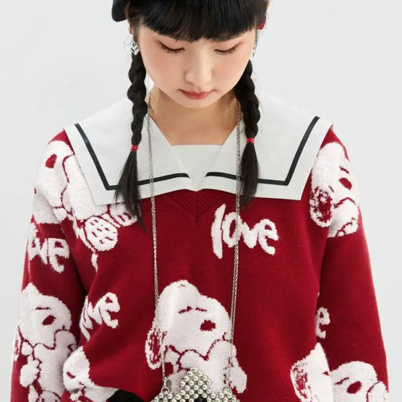 2022 New Snoopy Autumn Cute Sweet V-Neck Knitted Sweater M-Xl Kawaii Anime Cartoon Fashion Ins Loose Clothes for Girls Gifts